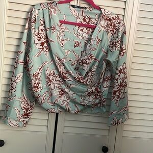 Zara Wrap Blouse W Burgundy & White Flowers on Mint NWT Small